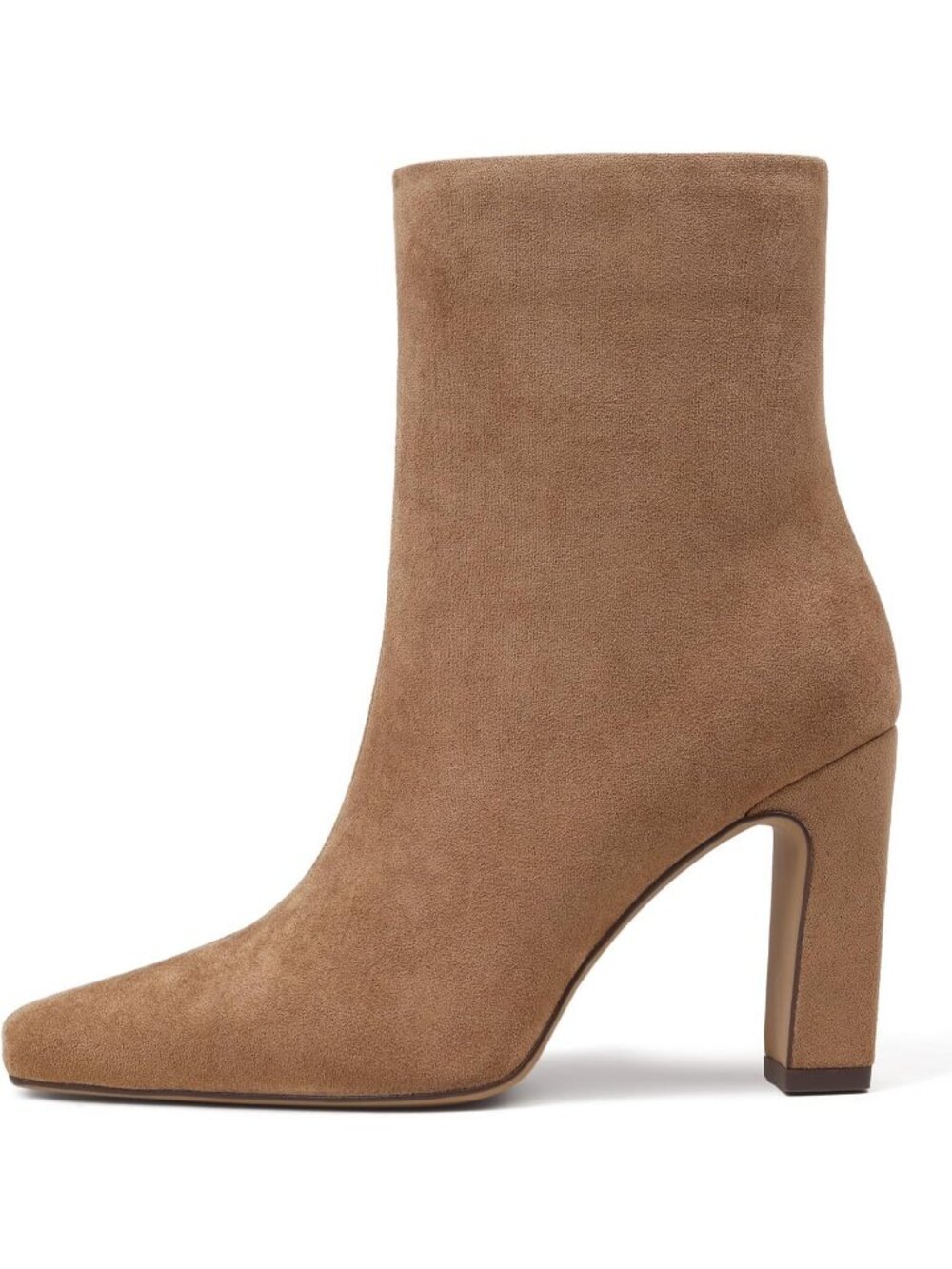 Women's Taupe Faux Suede Square Toe Chunky 3.5 inch Block Heel Zipper Boots